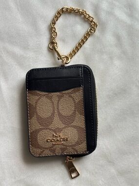 Coach Tan & Black Zip Card Case in Signature Canvas with Gold chain